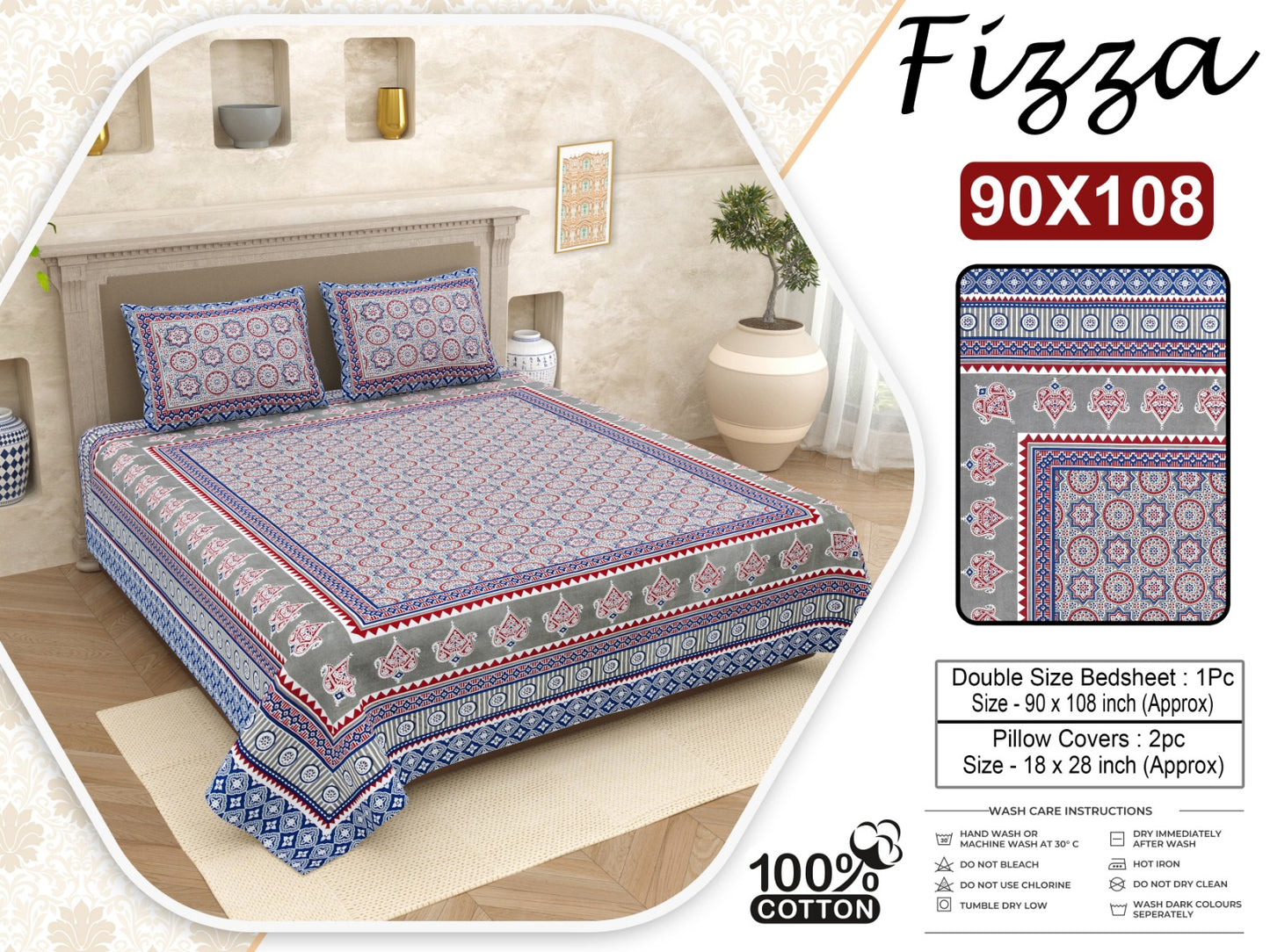Ethnic Print King Size Cotton Bedsheet 90x108 with 2 Pillow Covers | Fizza
