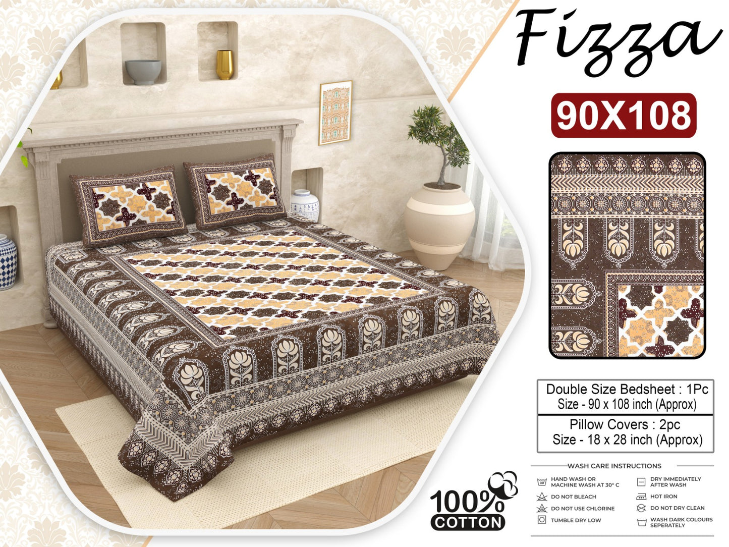 Geometric Print King Size Cotton Bedsheet 90x108 with 2 Pillow Covers | Fizza