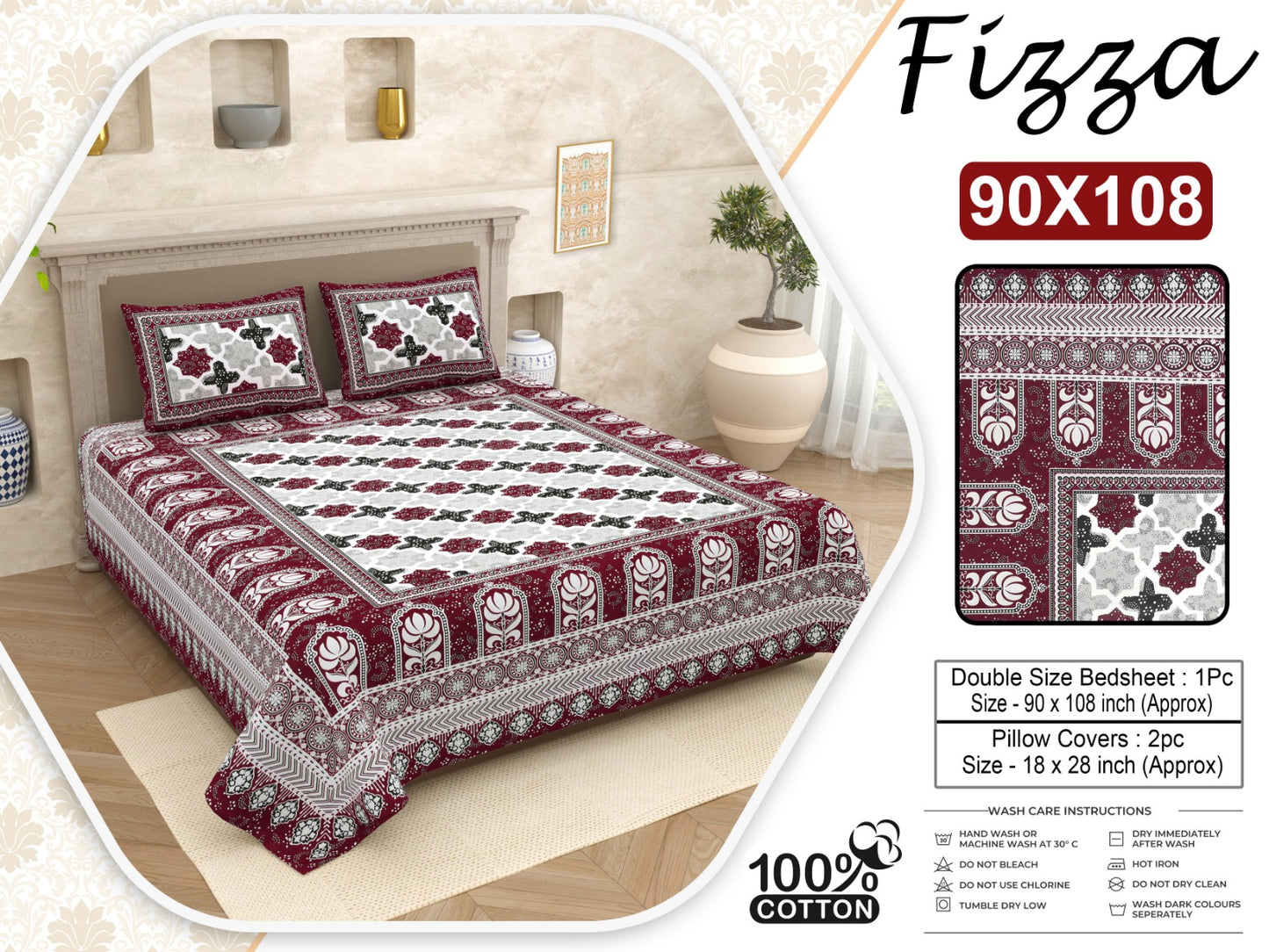 Geometric Print King Size Cotton Bedsheet 90x108 with 2 Pillow Covers | Fizza