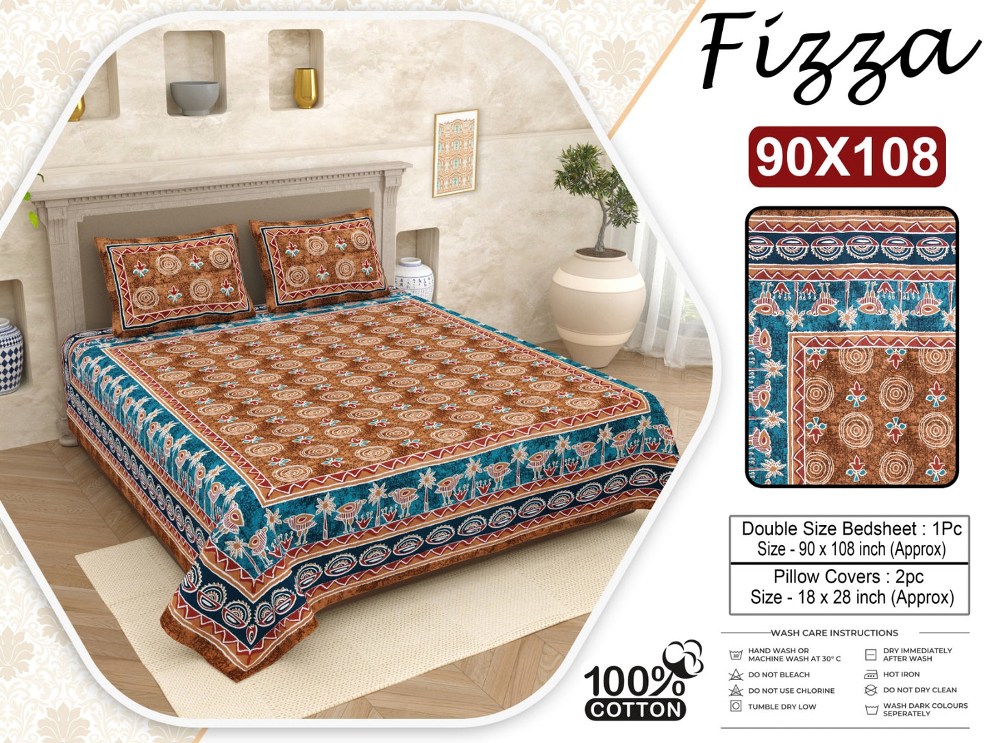 Fizza Tribal Print King Size Cotton Bedsheet with 2 Pillow Covers (90x108 Inch)