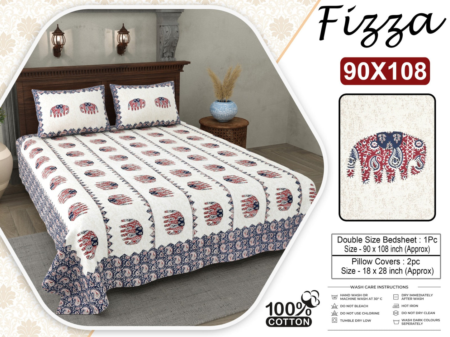 Elephant Print King Size Cotton Bedsheet 90x108 with 2 Pillow Covers | Fizza