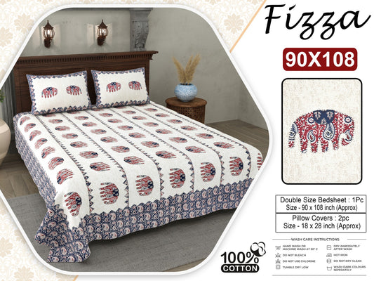 Elephant Print King Size Cotton Bedsheet 90x108 with 2 Pillow Covers | Fizza
