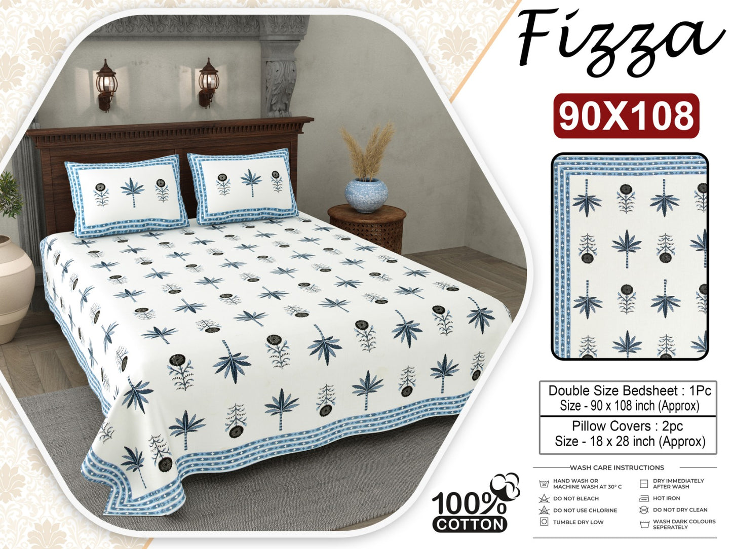 Leaf Print King Size Cotton Bedsheet 90x108 with 2 Pillow Covers | Fizza