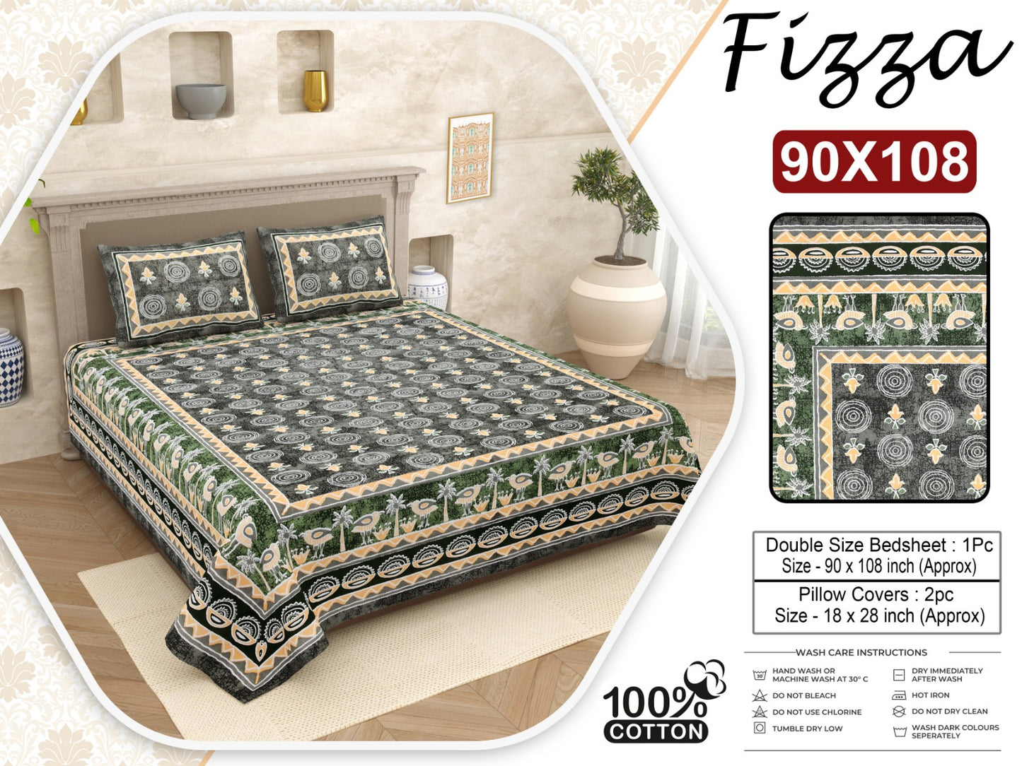 Fizza Tribal Print King Size Cotton Bedsheet with 2 Pillow Covers (90x108 Inch)