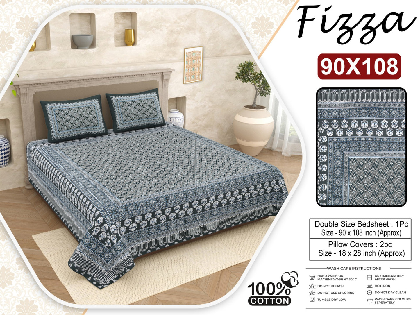 Block Print King Size Cotton Bedsheet 90x108 with 2 Pillow Covers | Fizza