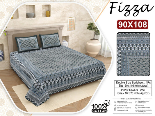 Block Print King Size Cotton Bedsheet 90x108 with 2 Pillow Covers | Fizza