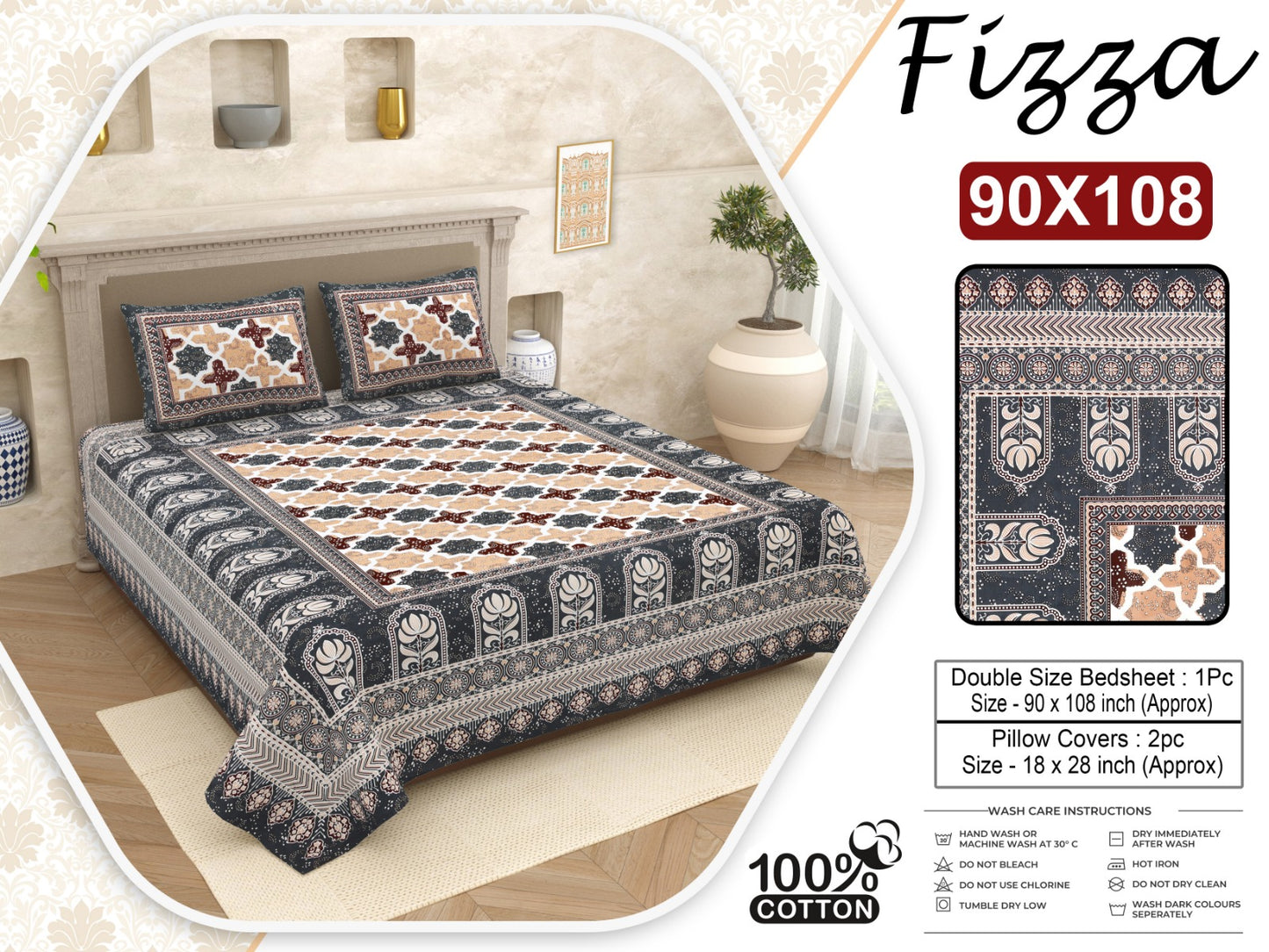 Geometric Print King Size Cotton Bedsheet 90x108 with 2 Pillow Covers | Fizza