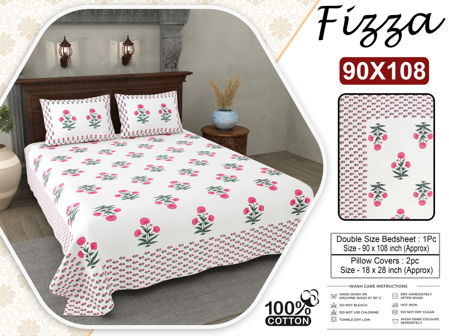Fizza Floral King Size Cotton Bedsheet with 2 Pillow Covers (90x108 Inch)