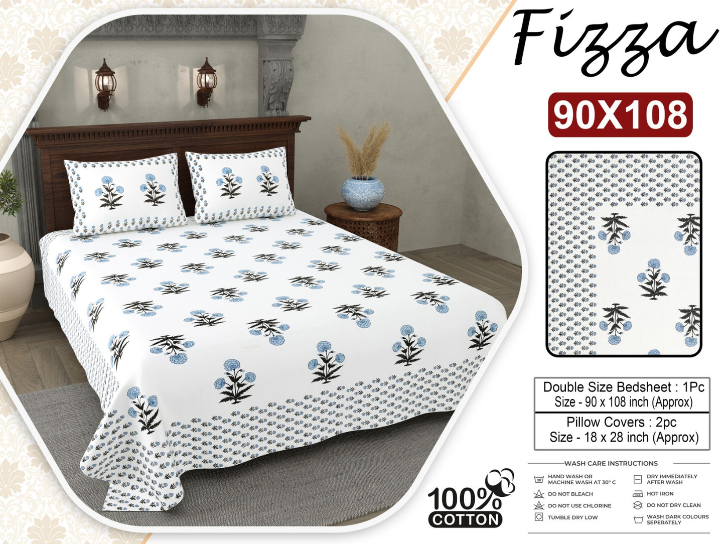 Fizza Floral King Size Cotton Bedsheet with 2 Pillow Covers (90x108 Inch)