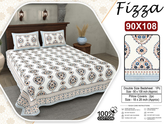 Paisley Print King Size Cotton Bedsheet 90x108 with 2 Pillow Covers | Fizza