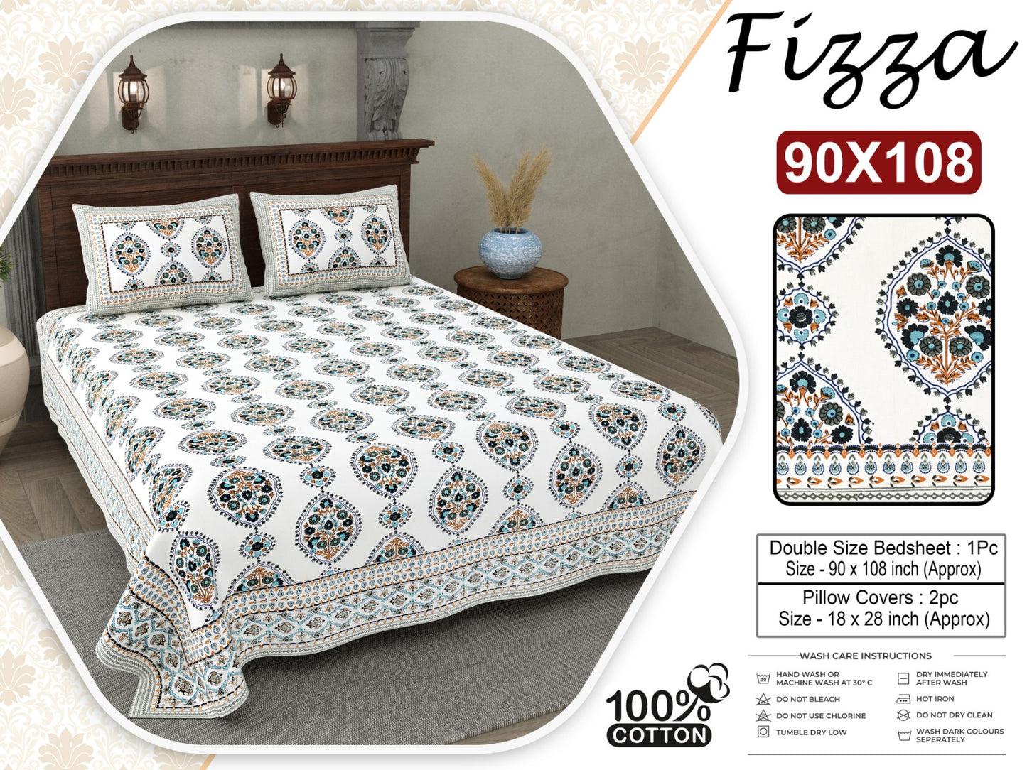 Paisley Print King Size Cotton Bedsheet 90x108 with 2 Pillow Covers | Fizza