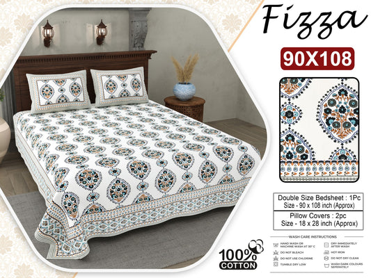 Paisley Print King Size Cotton Bedsheet 90x108 with 2 Pillow Covers | Fizza