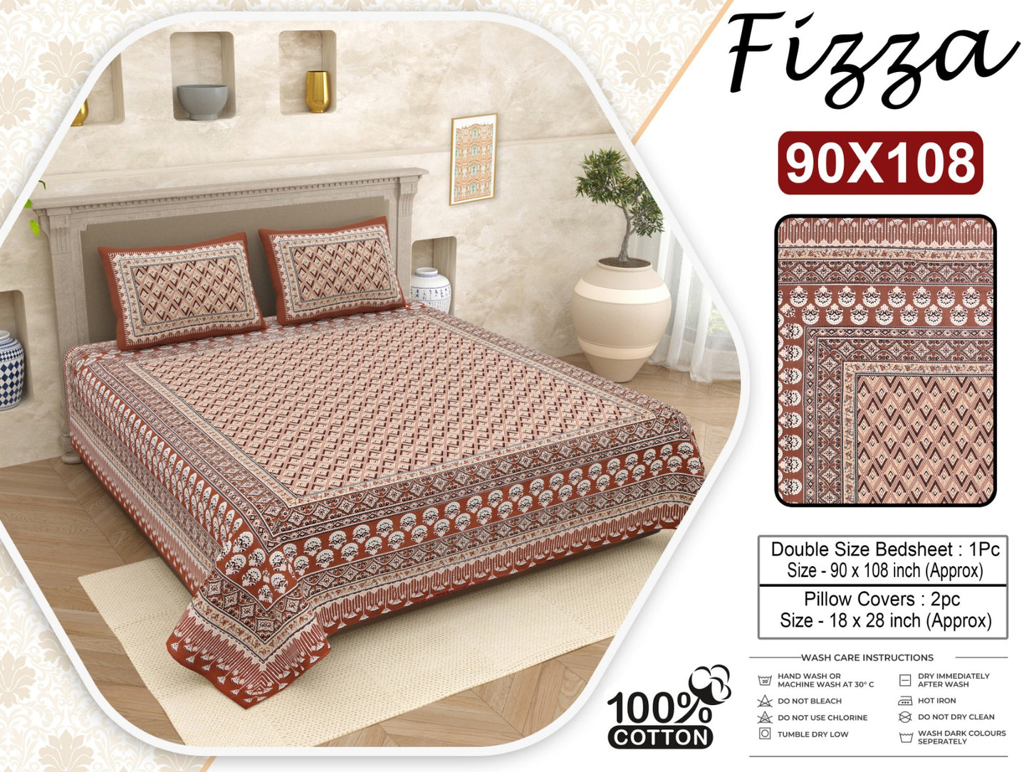 Block Print King Size Cotton Bedsheet 90x108 with 2 Pillow Covers | Fizza