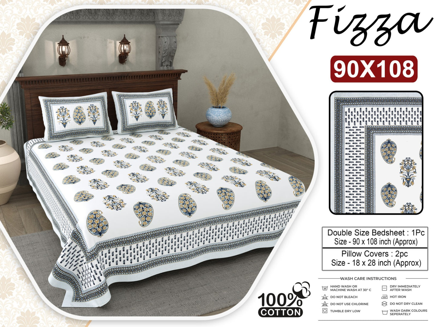 Fizza Paisley Print King Size Cotton Bedsheet with 2 Pillow Covers (90x108 Inch)