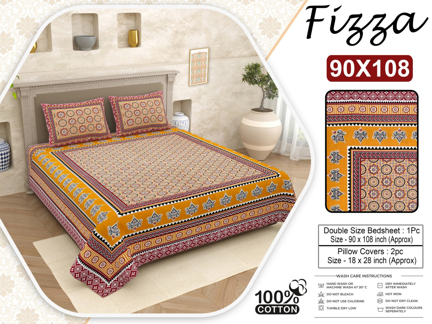 Ethnic Print King Size Cotton Bedsheet 90x108 with 2 Pillow Covers | Fizza