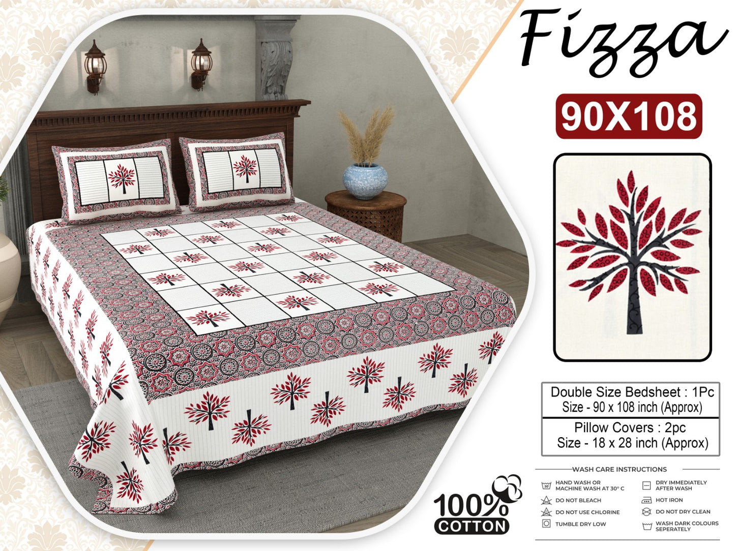 King Size Cotton Bedsheet 90x108 with Tree Motif Print & 2 Pillow Covers | Fizza