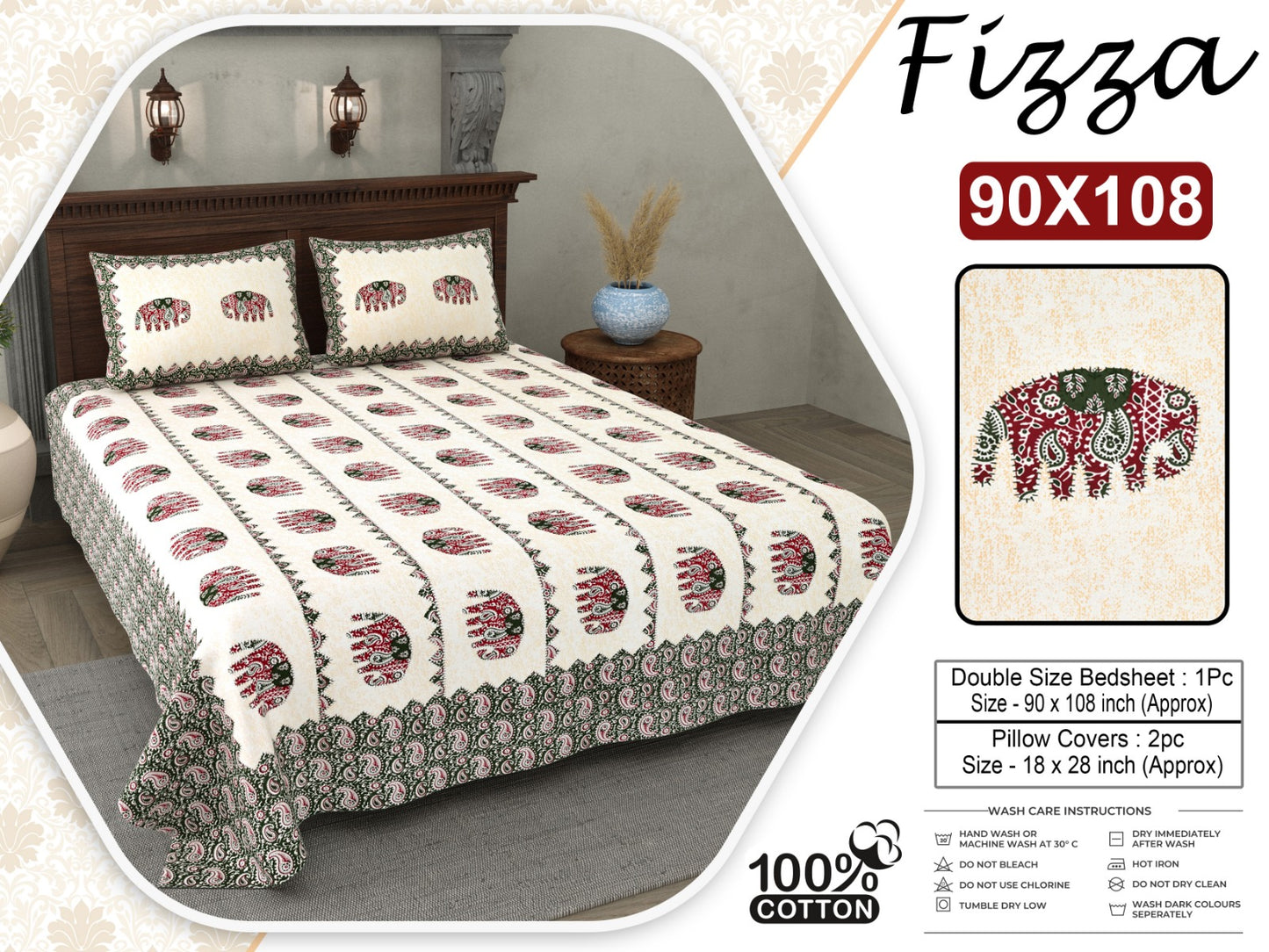 Elephant Print King Size Cotton Bedsheet 90x108 with 2 Pillow Covers | Fizza