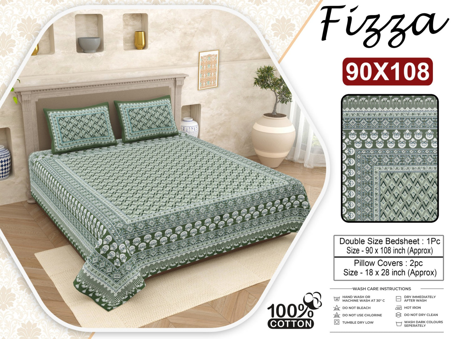 Block Print King Size Cotton Bedsheet 90x108 with 2 Pillow Covers | Fizza