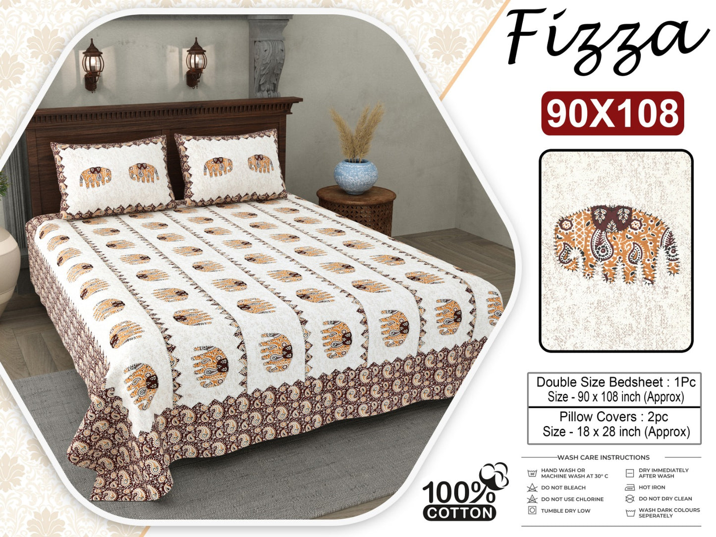 Elephant Print King Size Cotton Bedsheet 90x108 with 2 Pillow Covers | Fizza