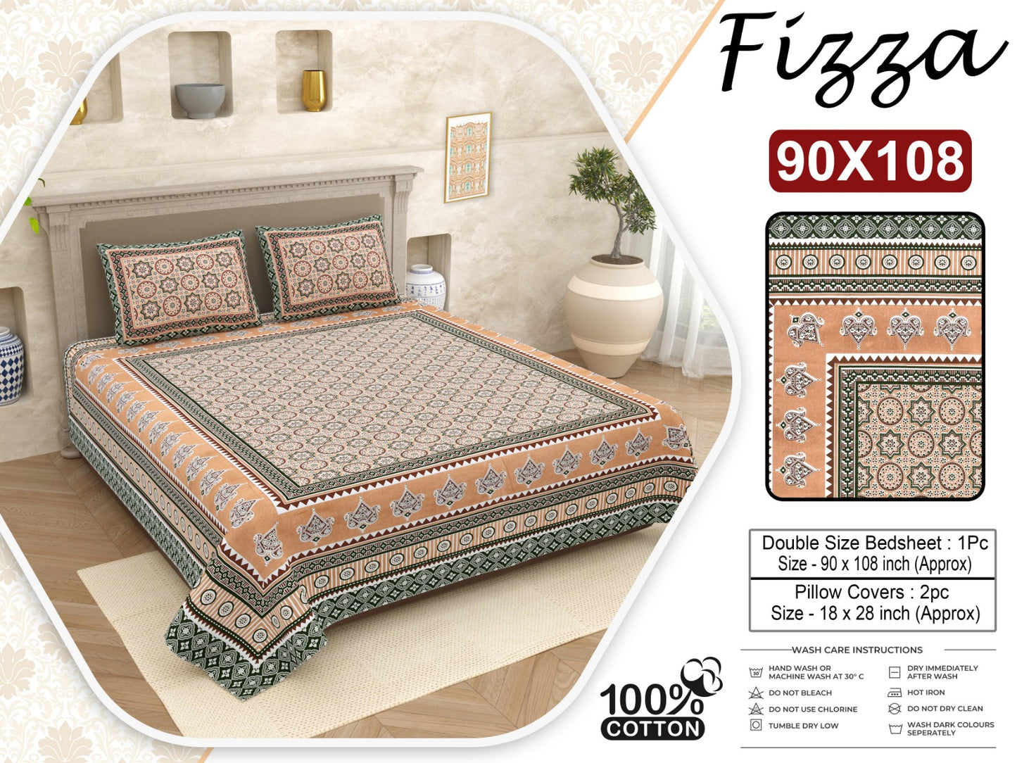 Ethnic Print King Size Cotton Bedsheet 90x108 with 2 Pillow Covers | Fizza