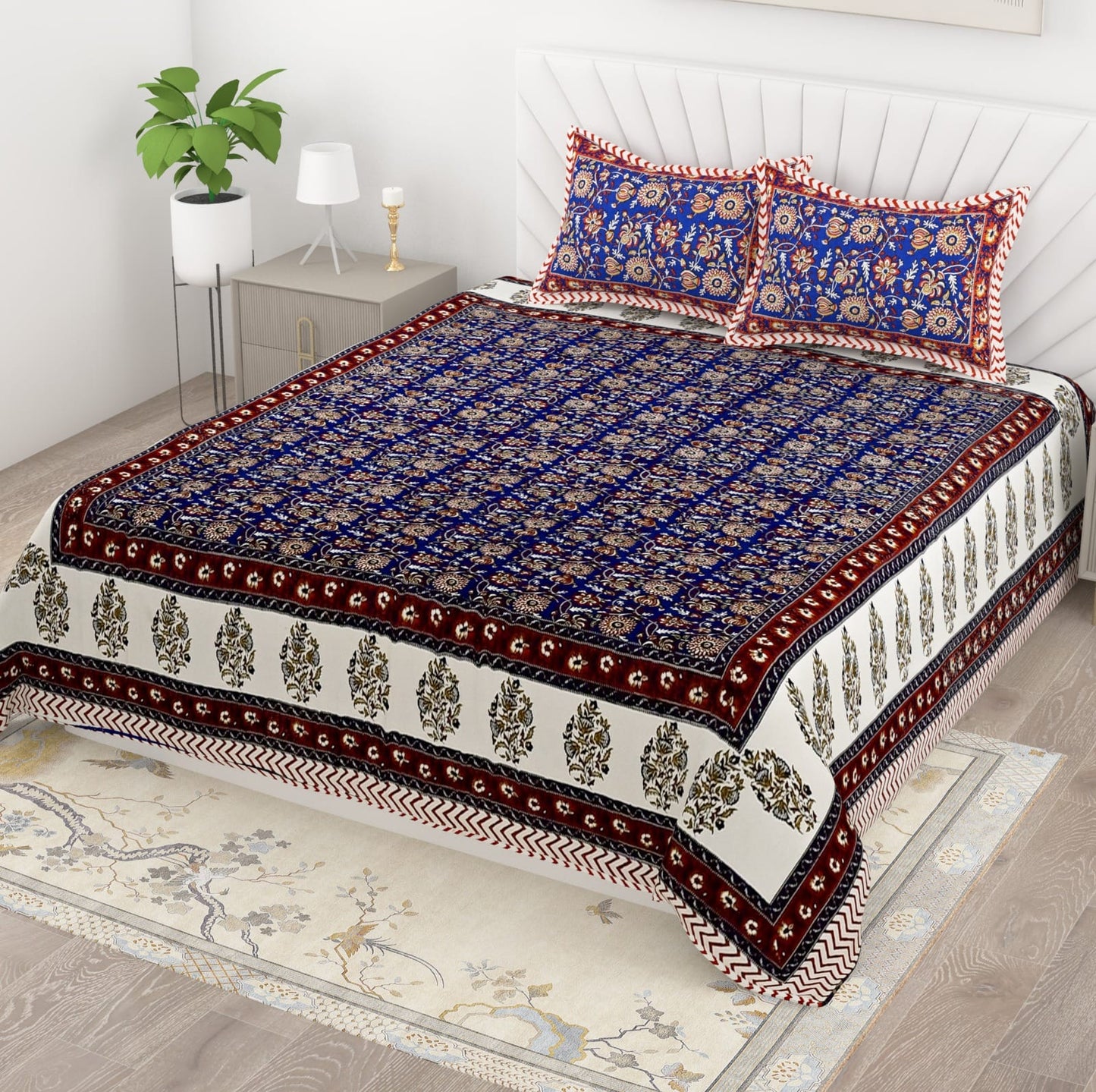 Jaipuri Print Cotton King Size Bedsheet with 2 Pillow Covers | Ethnic Traditional Double Bedsheet 95x108 Inches
