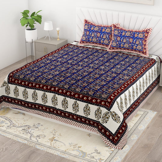 Jaipuri Print Cotton King Size Bedsheet with 2 Pillow Covers | Ethnic Traditional Double Bedsheet 95x108 Inches