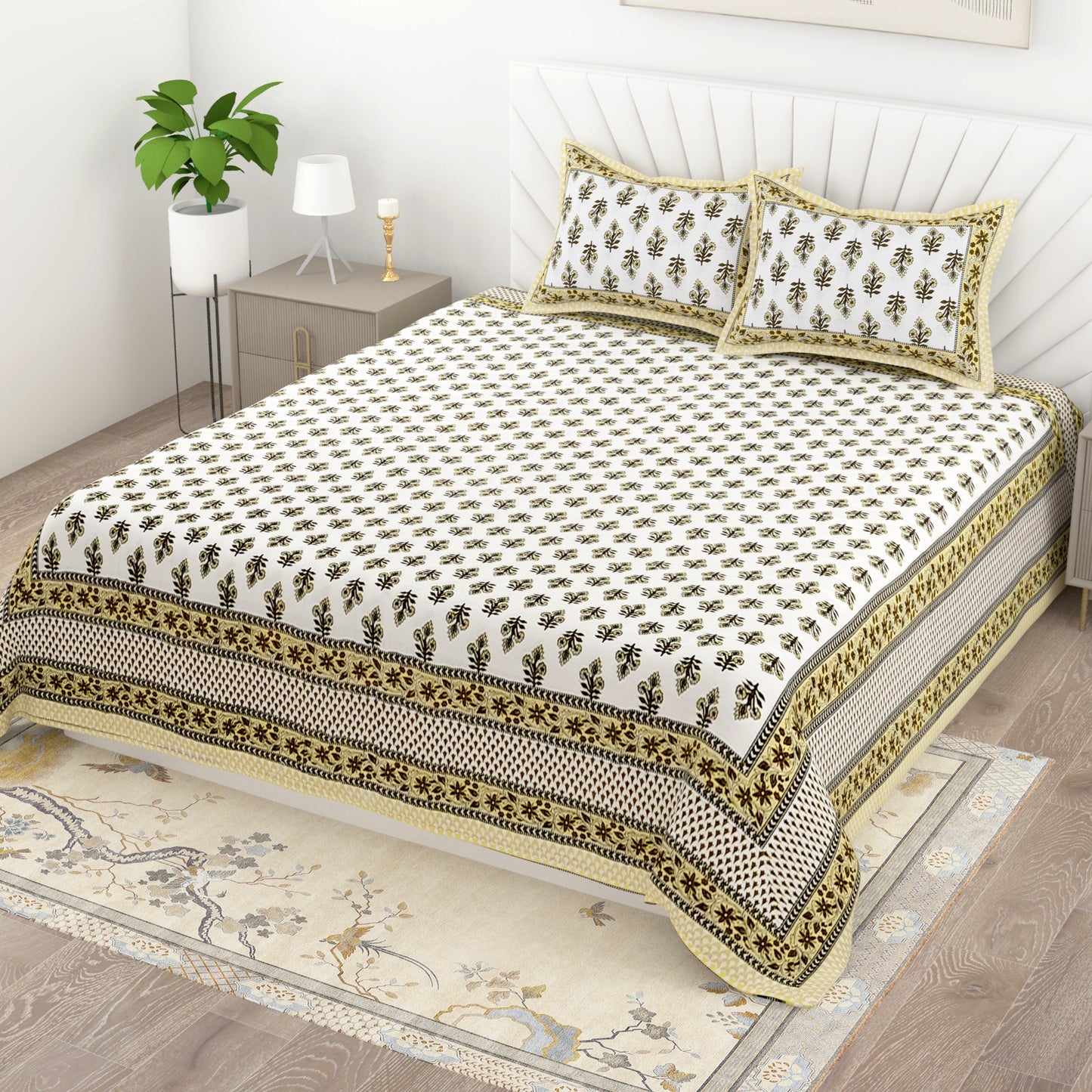Jaipuri Print Cotton King Size Bedsheet with 2 Pillow Covers | Ethnic Traditional Double Bedsheet 95x108 Inches