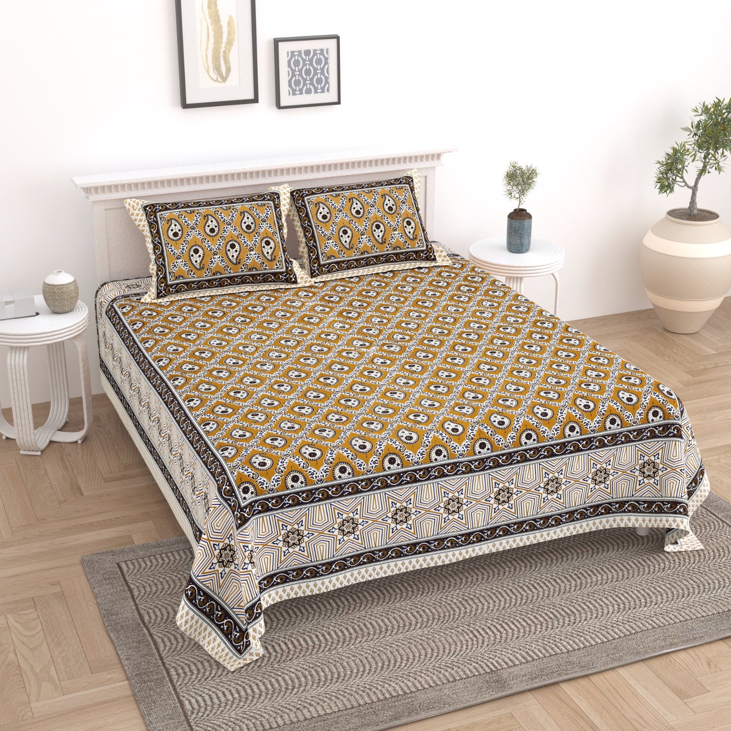 Jaipuri Print Cotton King Size Bedsheet with 2 Pillow Covers | Ethnic Traditional Double Bedsheet 95x108 Inches