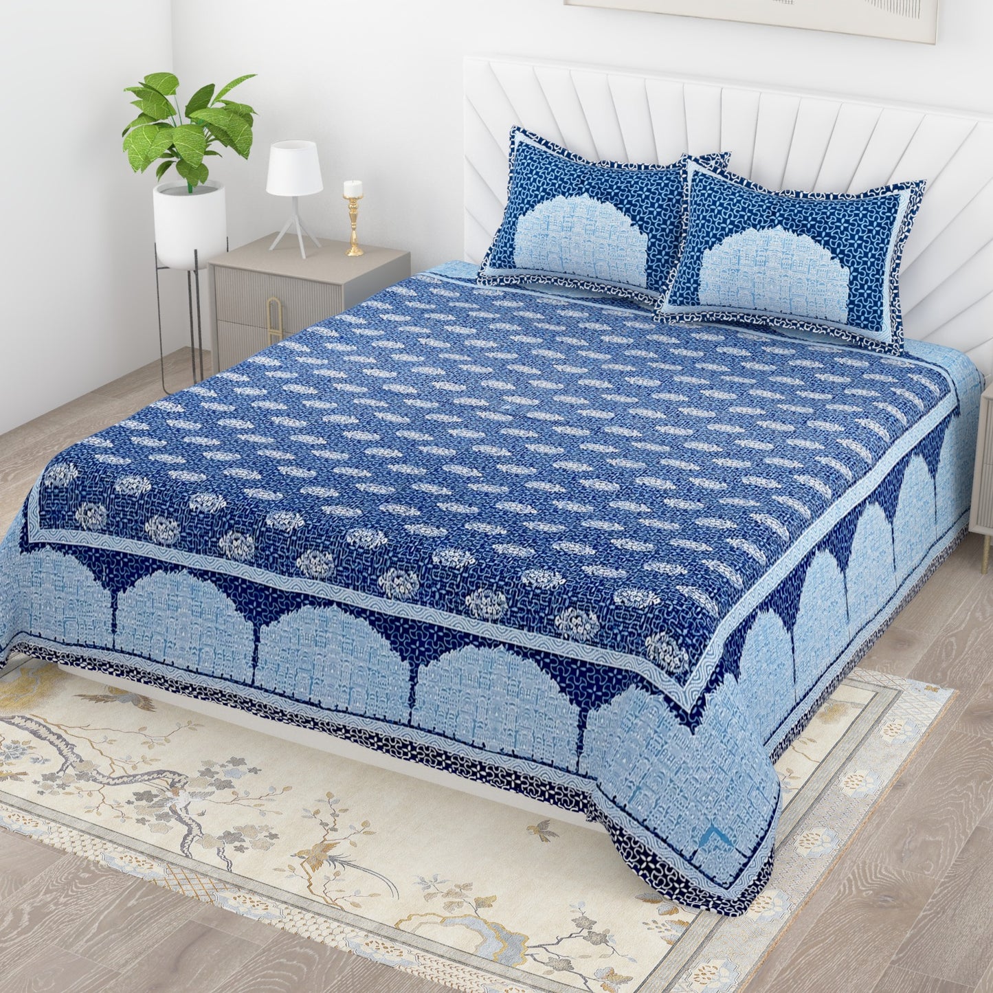 Jaipuri Print Cotton King Size Bedsheet with 2 Pillow Covers | Ethnic Traditional Double Bedsheet 95x108 Inches