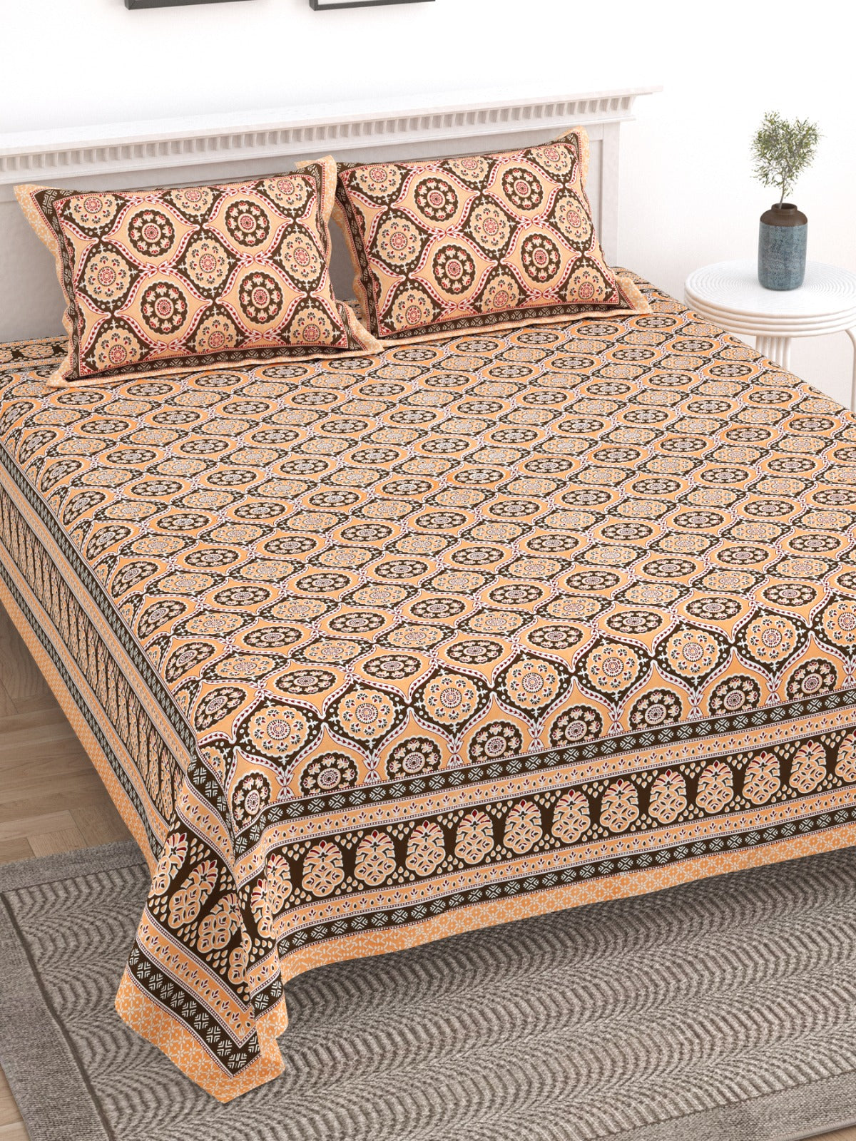 Indigo Print Cotton King Size Bedsheet with Pillow Covers | Premium Mughal Style Double Bedsheet 95x108 Inches