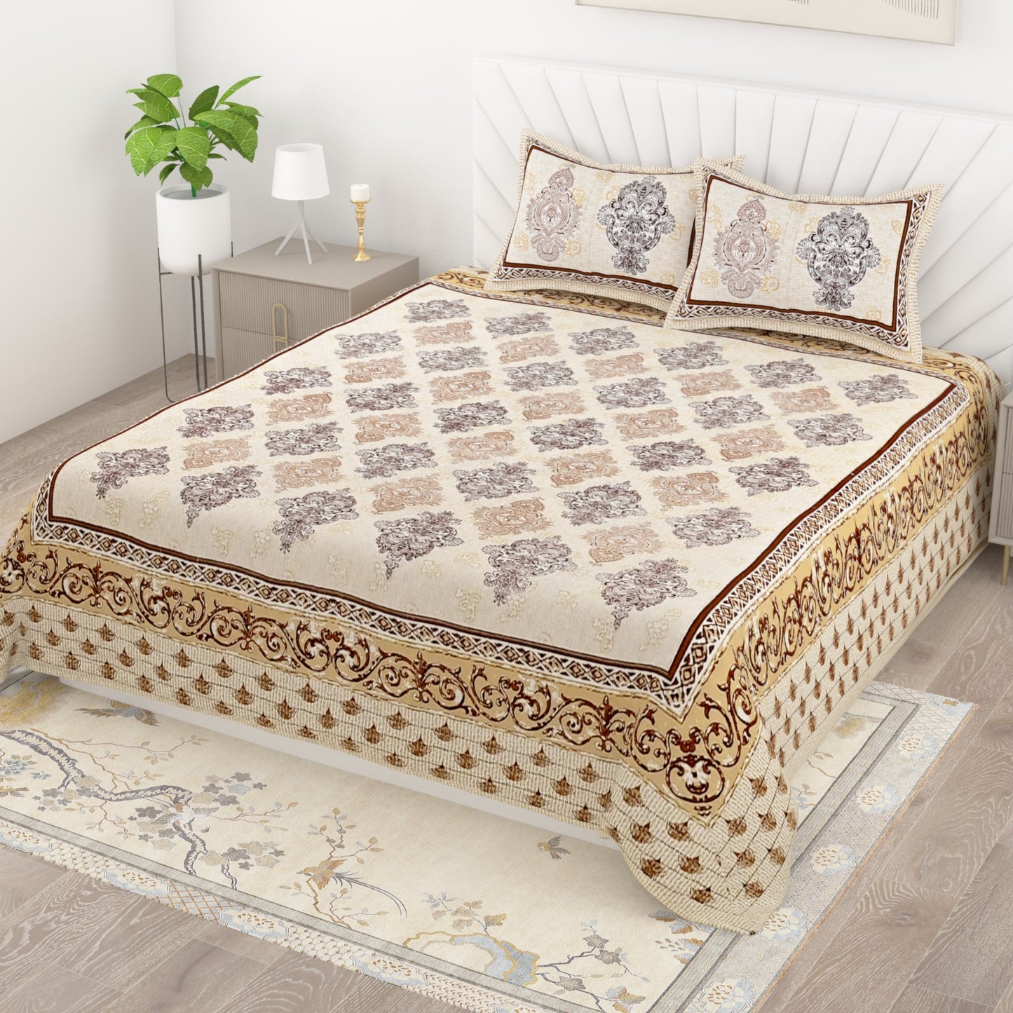 Indigo Print Cotton King Size Bedsheet with Pillow Covers | Premium Mughal Style Double Bedsheet 95x108 Inches