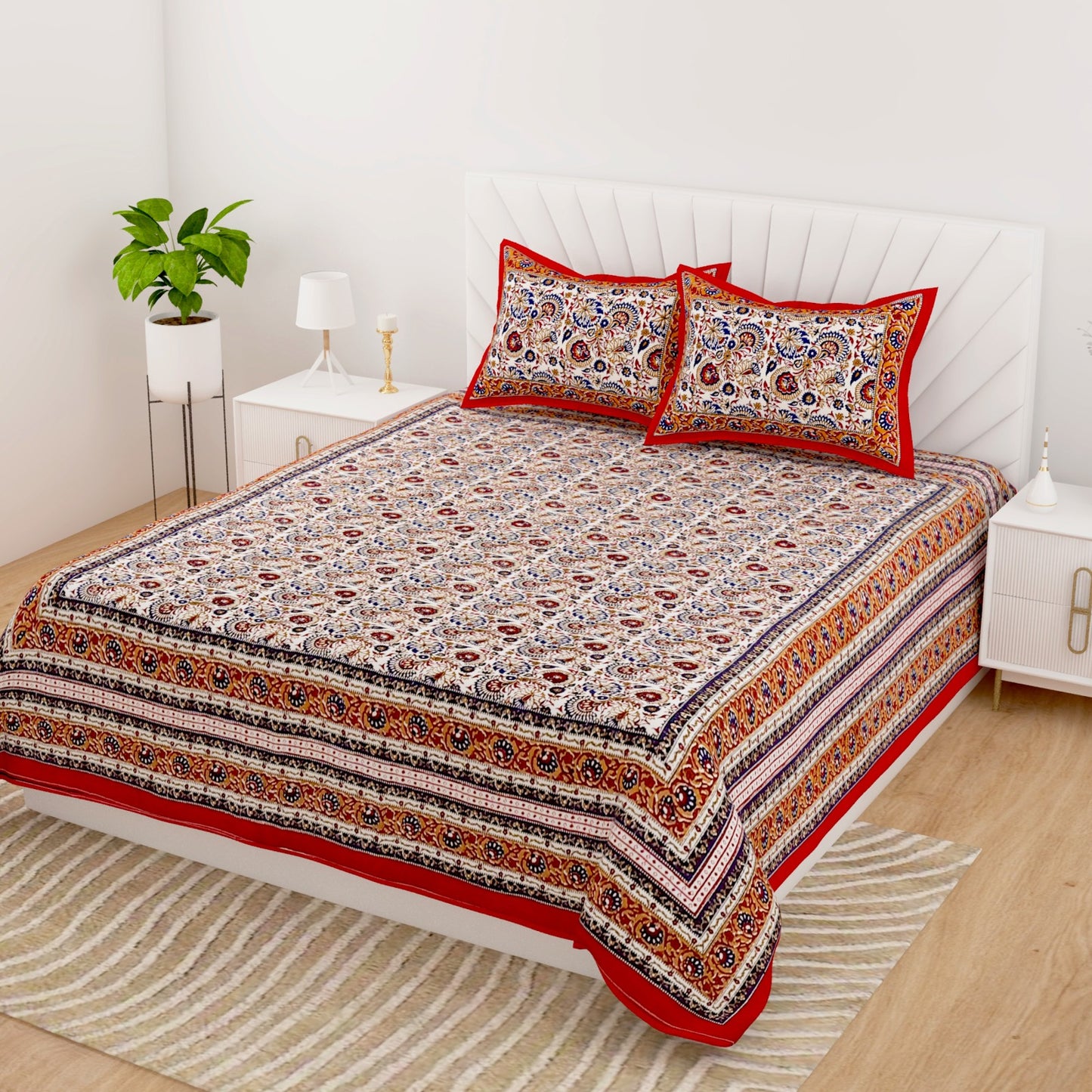 Indigo Print Cotton King Size Bedsheet with Pillow Covers | Premium Mughal Style Double Bedsheet 95x108 Inches