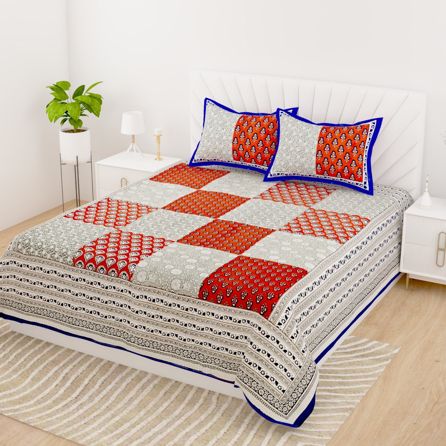 Indigo Print Cotton King Size Bedsheet with Pillow Covers | Premium Mughal Style Double Bedsheet 95x108 Inches