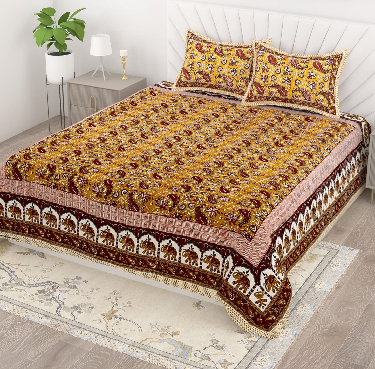 Jaipuri Cotton Bedsheet King Size with Ethnic Prints | Traditional Double Bedsheet with Pillow Covers 95x108 Inches