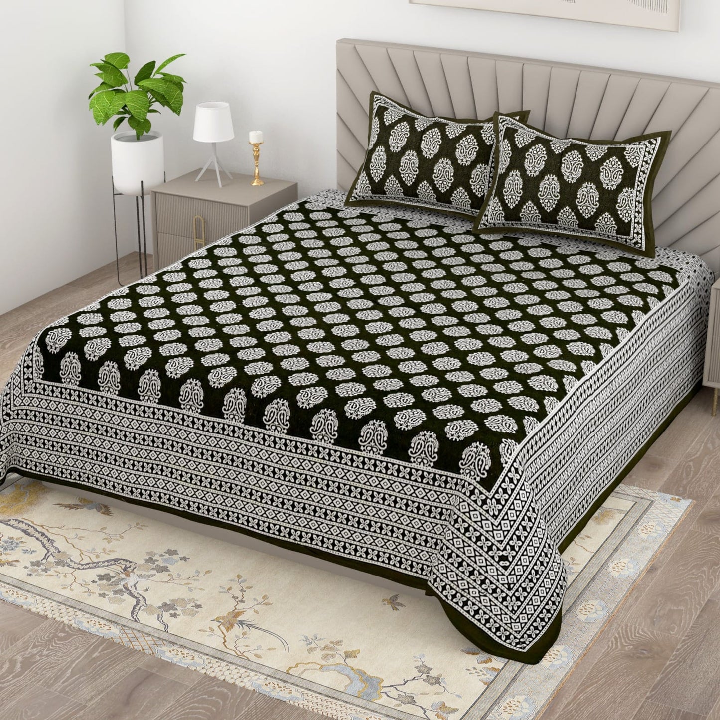 Jaipuri Cotton Bedsheet King Size with Ethnic Prints | Traditional Double Bedsheet with Pillow Covers 95x108 Inches