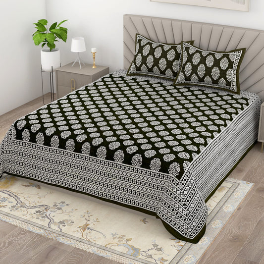 Jaipuri Cotton Bedsheet King Size with Ethnic Prints | Traditional Double Bedsheet with Pillow Covers 95x108 Inches