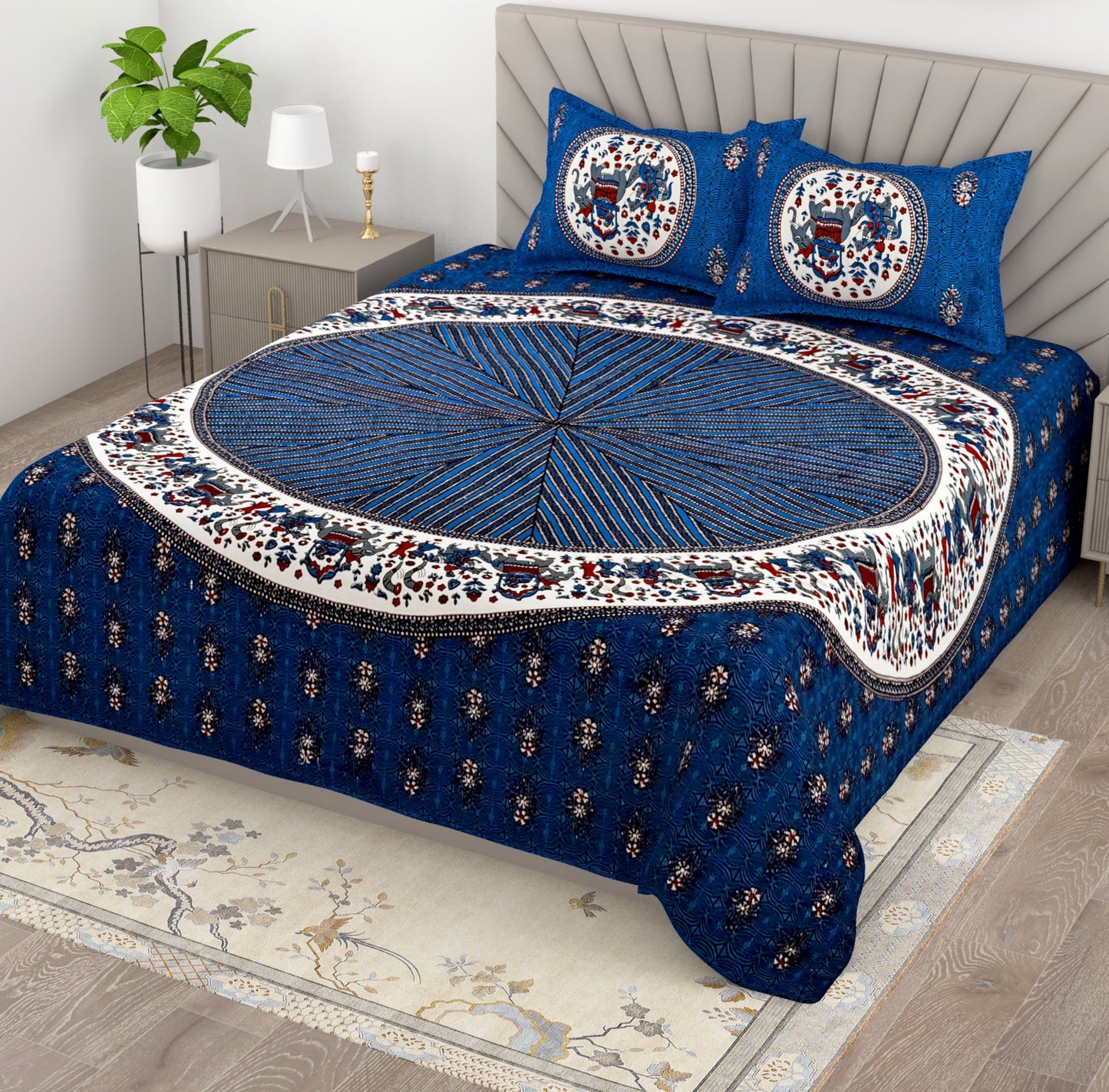Jaipuri Cotton Bedsheet King Size with Ethnic Prints | Traditional Double Bedsheet with Pillow Covers 95x108 Inches