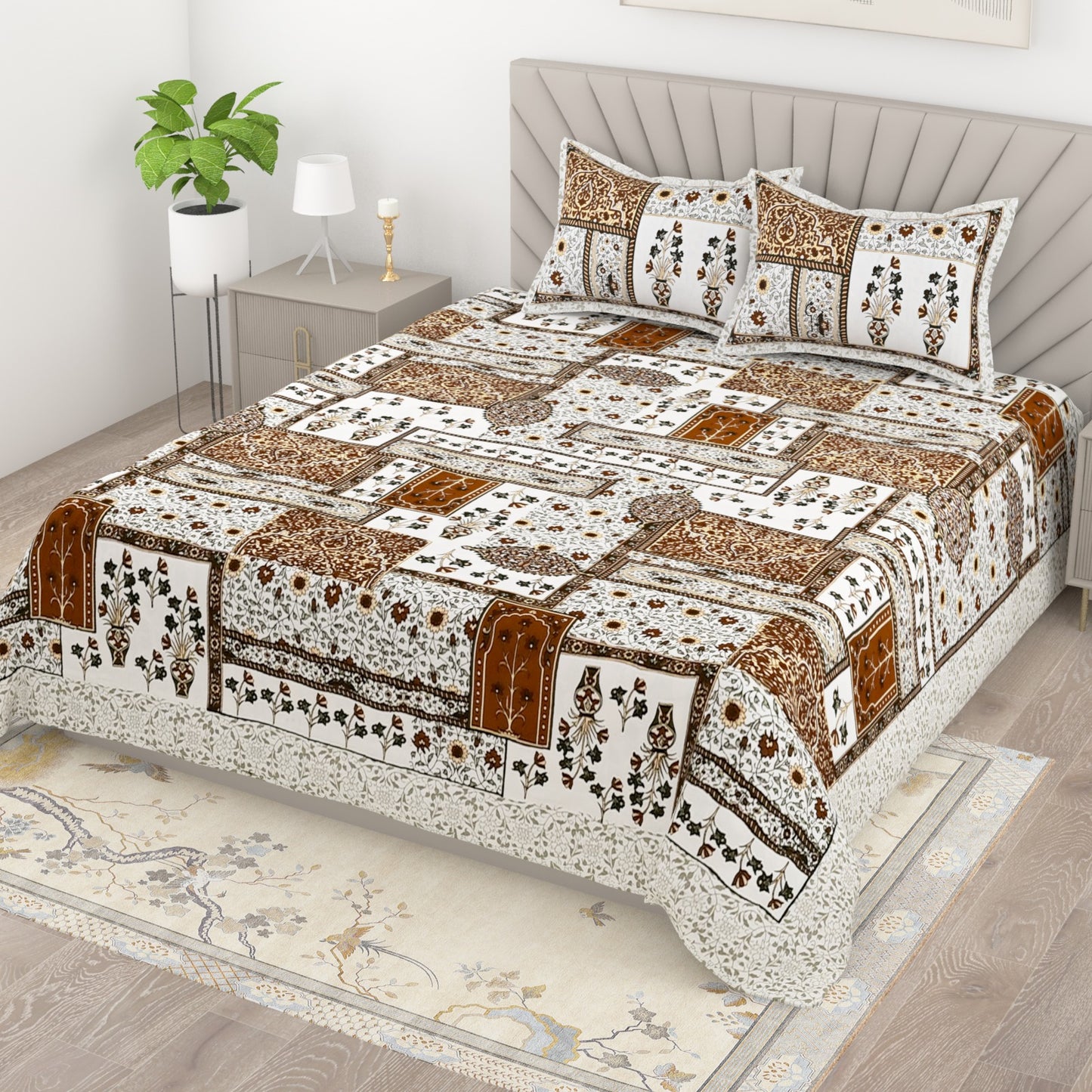 Jaipuri Cotton Bedsheet King Size with Ethnic Prints | Traditional Double Bedsheet with Pillow Covers 95x108 Inches