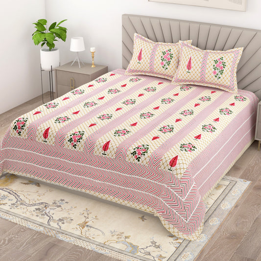 Cotton King Size Bedsheet with Elegant Prints | Soft Daily Use Double Bedsheet with 2 Pillow Covers 95x108 Inches