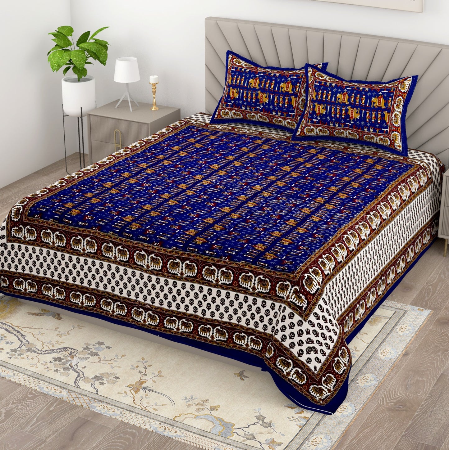 Jaipuri Cotton Bedsheet King Size with Ethnic Prints | Traditional Double Bedsheet with Pillow Covers 95x108 Inches