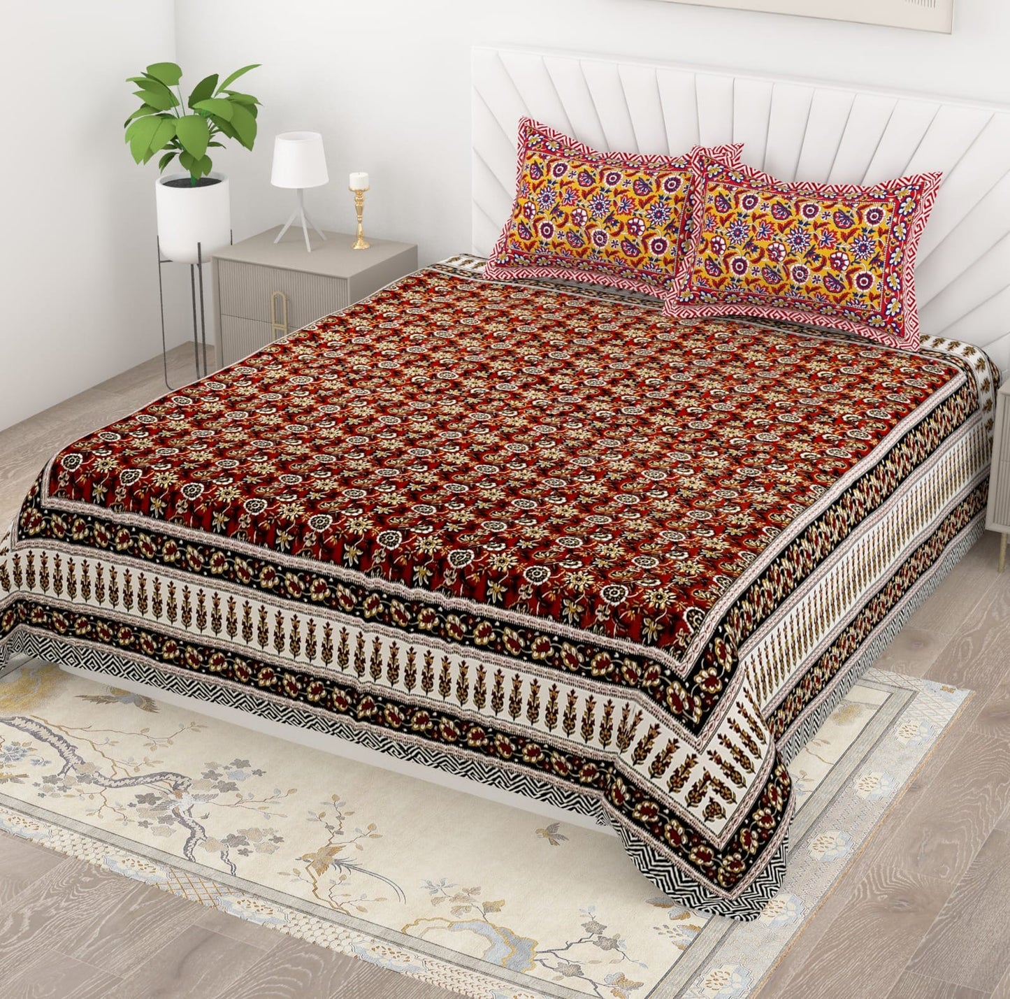 Cotton King Size Bedsheet with Elegant Prints | Soft Daily Use Double Bedsheet with 2 Pillow Covers 95x108 Inches