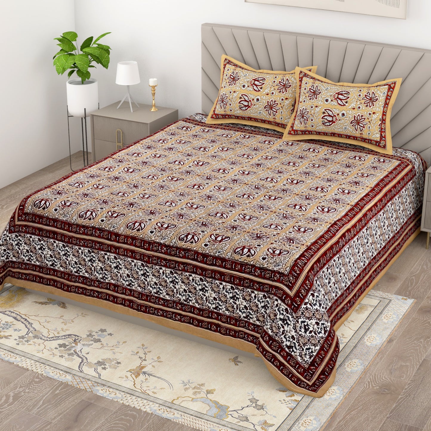 Cotton King Size Bedsheet with Elegant Prints | Soft Daily Use Double Bedsheet with 2 Pillow Covers 95x108 Inches