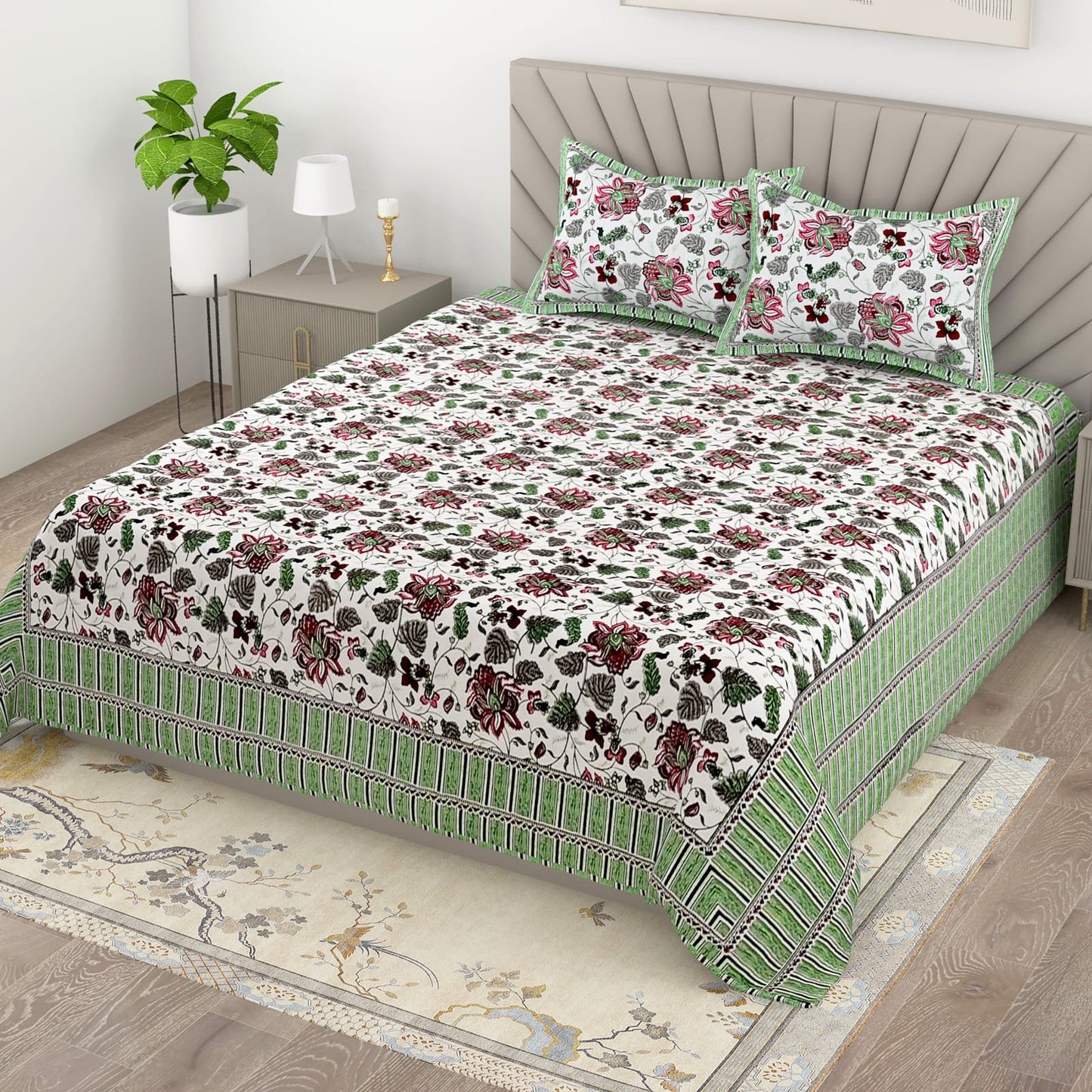 Cotton King Size Bedsheet with Elegant Prints | Soft Daily Use Double Bedsheet with 2 Pillow Covers 95x108 Inches