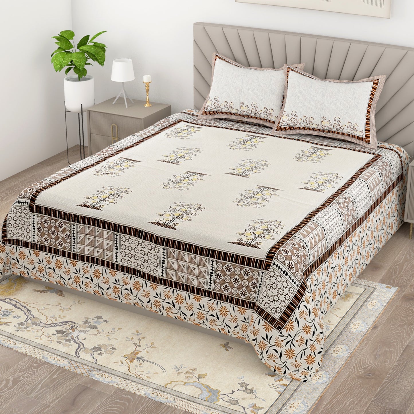 Cotton King Size Bedsheet with Elegant Prints | Soft Daily Use Double Bedsheet with 2 Pillow Covers 95x108 Inches