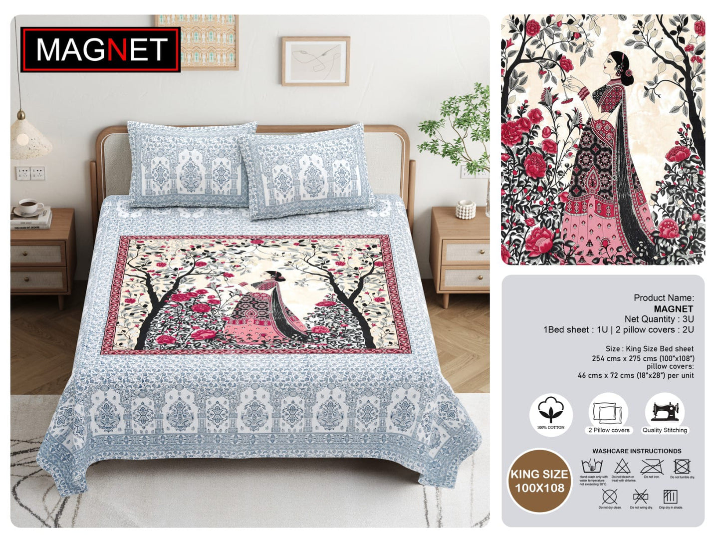 King Size Cotton Bedsheet 100x108 Inches with 2 Pillow Covers | Jaipuri Rajasthani Lady Print Bedsheet | Double Bed Cotton Bedsheet Under 1000