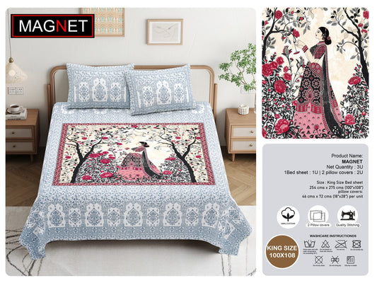 King Size Cotton Bedsheet 100x108 Inches with 2 Pillow Covers | Jaipuri Rajasthani Lady Print Bedsheet | Double Bed Cotton Bedsheet Under 1000