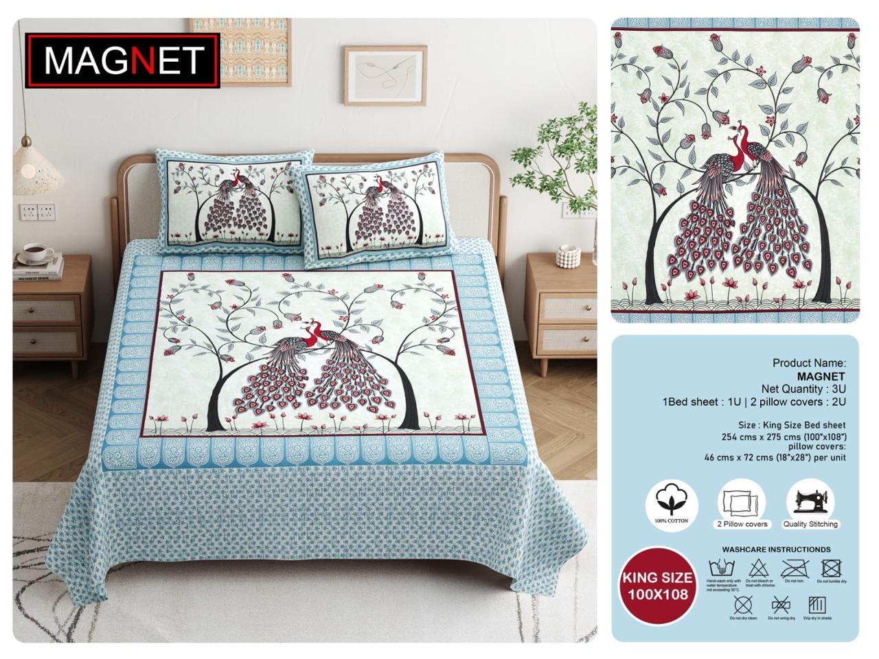 King Size Cotton Bedsheet 100x108 Inches with 2 Pillow Covers | Peacock Jaipuri Printed Bedsheet for Double Bed | Soft Cotton Bedsheet Under 1000