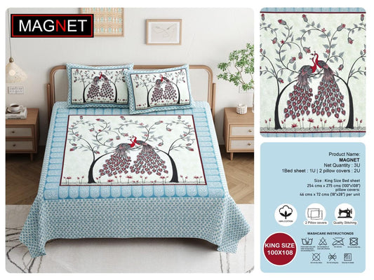 King Size Cotton Bedsheet 100x108 Inches with 2 Pillow Covers | Peacock Jaipuri Printed Bedsheet for Double Bed | Soft Cotton Bedsheet Under 1000