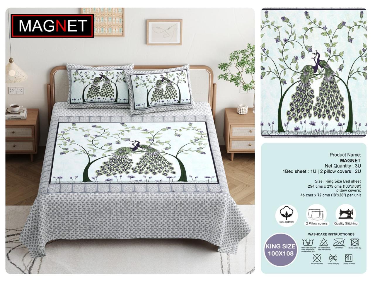 King Size Cotton Bedsheet 100x108 Inches with 2 Pillow Covers | Peacock Jaipuri Printed Bedsheet for Double Bed | Soft Cotton Bedsheet Under 1000