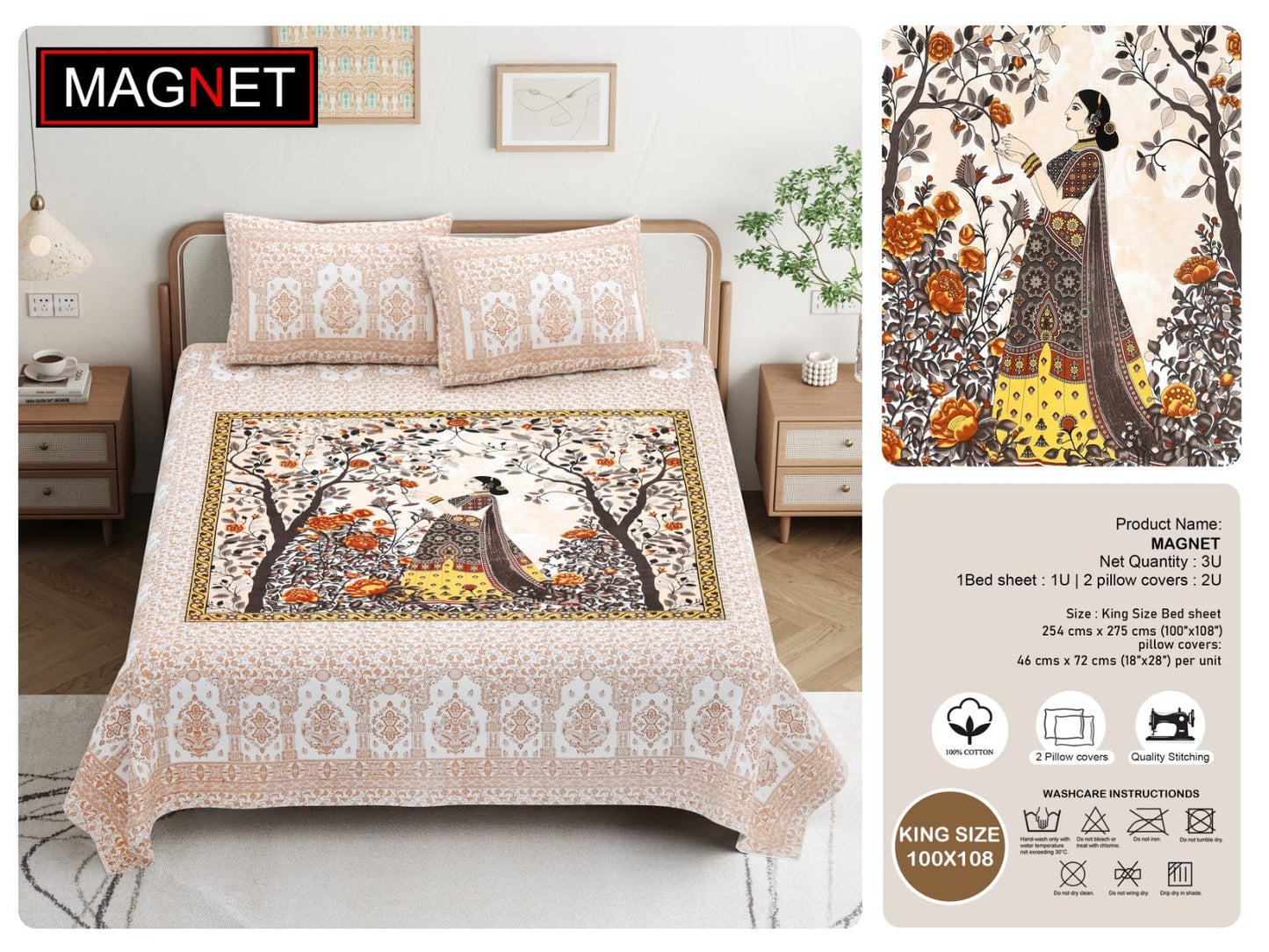 King Size Cotton Bedsheet 100x108 Inches with 2 Pillow Covers | Jaipuri Rajasthani Lady Print Bedsheet | Double Bed Cotton Bedsheet Under 1000